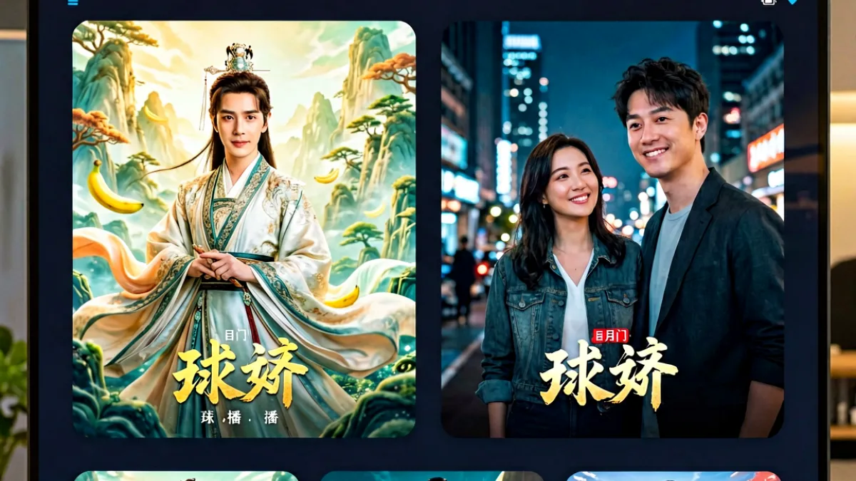 香蕉视频热门推荐专区，大屏显示正在热播的影视剧封面拼图，包括古装剧和都市爱情剧的精美海报排列展示