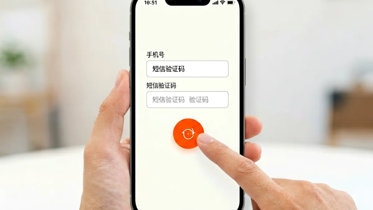 用户正在用手机完成注册流程的界面截图，表单中显示手机号输入框和短信验证码输入框，底部有橙色的确认按钮，整体界面简洁清晰