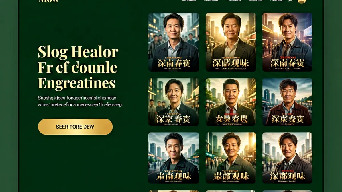 香蕉视频平台首页展示界面，深色背景下呈现多部热门影视剧封面缩略图组成的网格布局，界面右侧有导航栏和操作按钮，整体色调为墨绿色与金色搭配，营造专业影视平台的视觉氛围